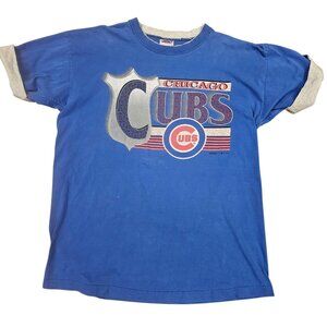 VTG 90s Chicago Cubs Tshirt Blue Faded Distressed Single Stitch Roll Sleeve Sz L